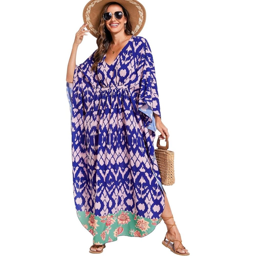Women's Purple 100% Polyester V Neck Summer Beach Dresses Cover Ups Caftan Maxi
